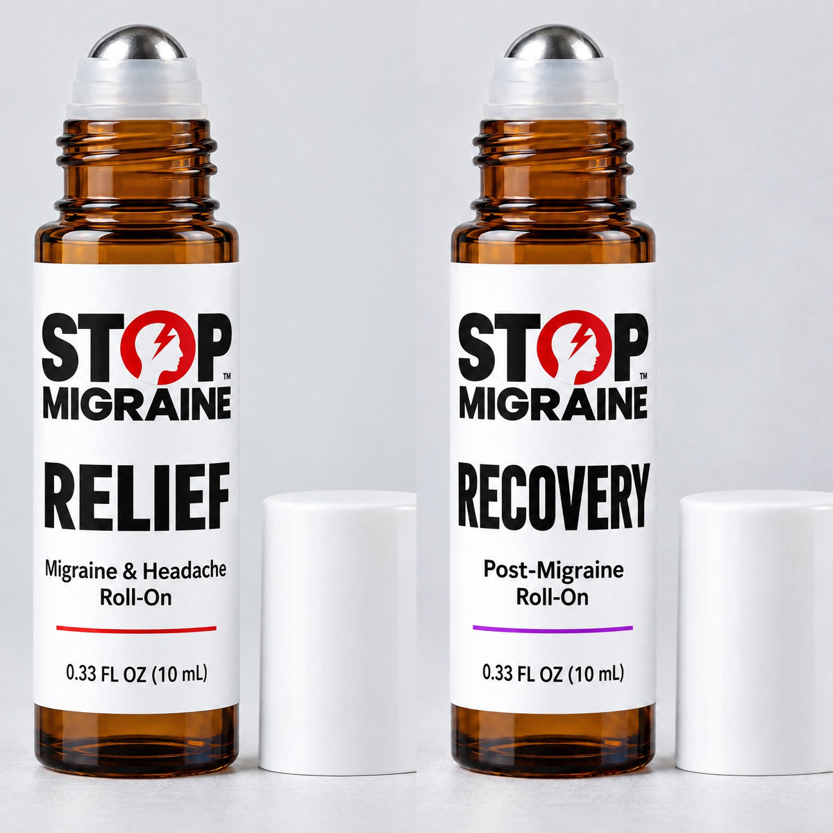 STOP MIGRAINE RELIEF and RECOVERY roll-ons side by side