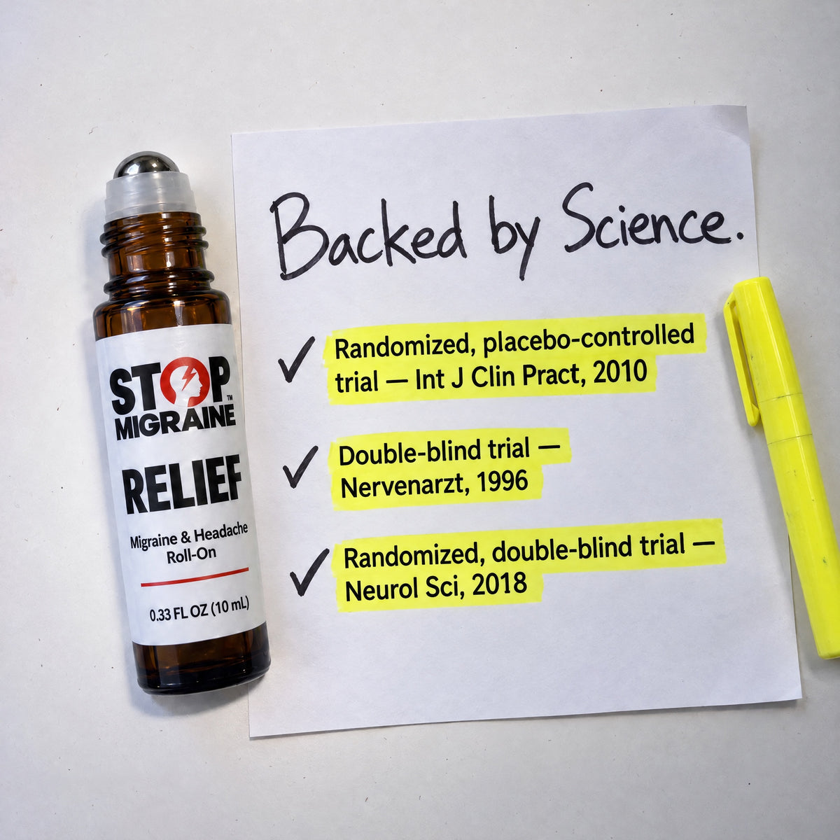 STOP MIGRAINE RELIEF roll-on next to a highlighted sheet titled Backed by Science listing three clinical trials